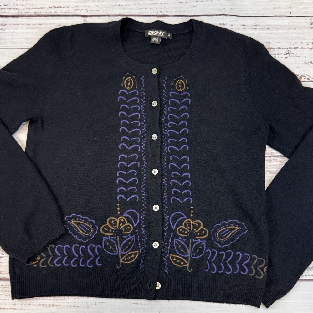DKNY Cardigan Women Medium‎ Black Embroidered Lambswool Cashmere Floral Sweater